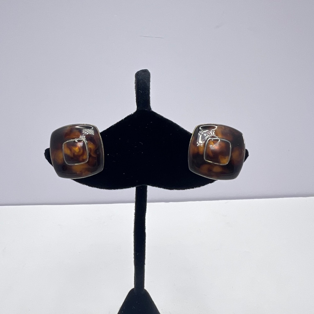 Vintage Tortoise Shell Clip On Earrings 80s Shoe Clips Square Retro Mod Chic MCM - Picture 2 of 10